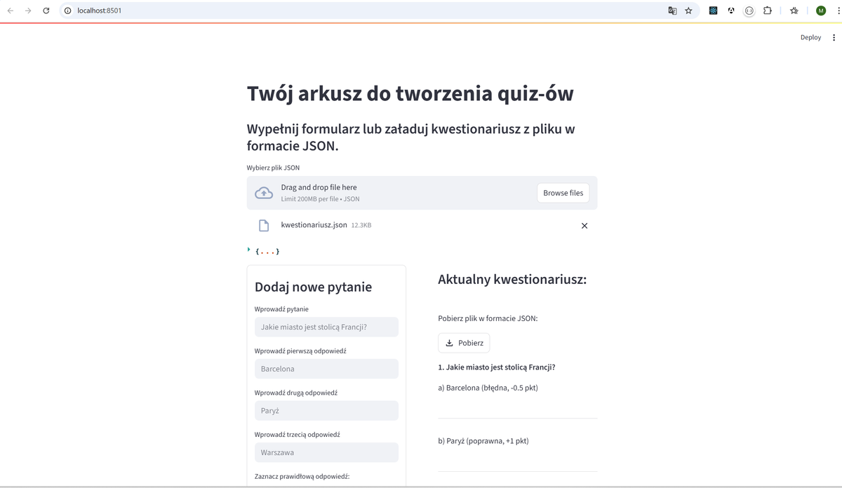 Kwestionariusz - Streamlit (formularz, ładowanie pliku, pobieranie pliku)