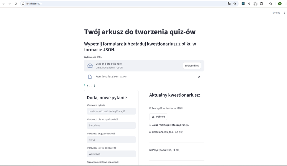 Kwestionariusz - Streamlit (formularz, ładowanie pliku, pobieranie pliku)