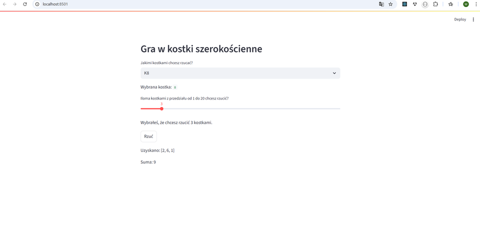 Streamlit - rzut kostkami szerokościennymi